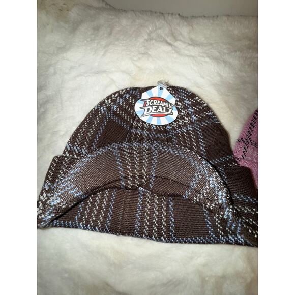 2-Pack PUGS Plaid Knit Visor Beanies Pink + Brown NWT + EUC - Picture 2 of 16